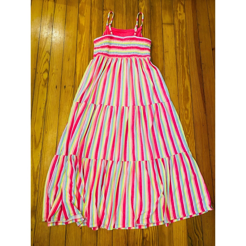 Cat & Jack Girls XL 14/16 Rainbow Striped Smocked Tiered Maxi Dress Pink Multi - Picture 8 of 8